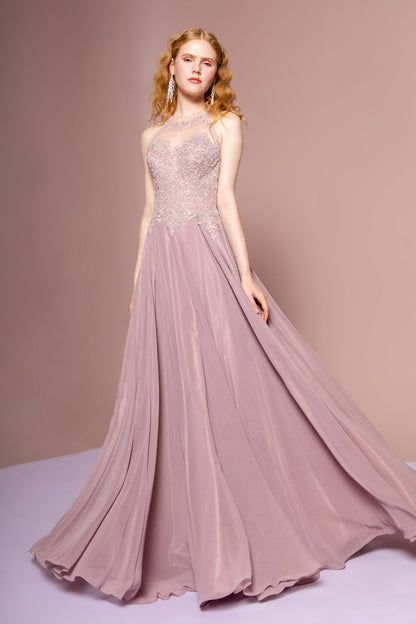 Jewel Embellished and Embroidered Bodice Chiffon Long Dress