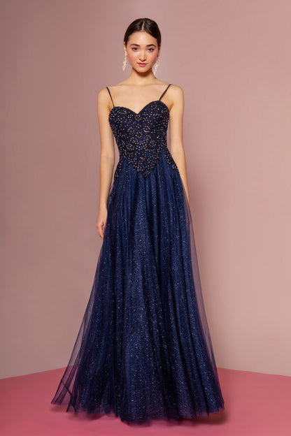 Embroidered Bodice and Mesh Glitter Floor Length Skirt