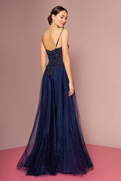 Embroidered Bodice and Mesh Glitter Floor Length Skirt