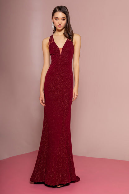 Glitter Crepe Illusion V-Neck Long Dress