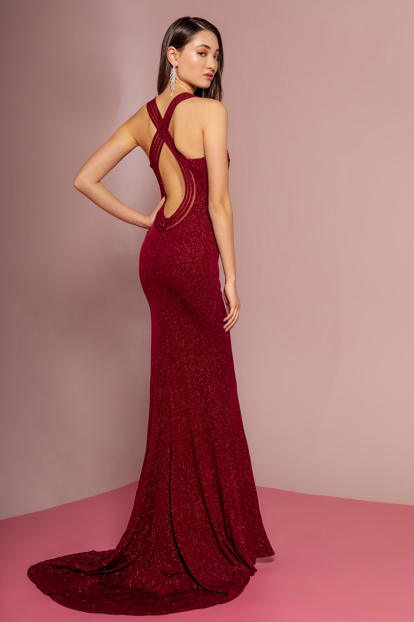 Glitter Crepe Illusion V-Neck Long Dress