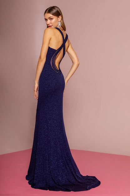 Glitter Crepe Illusion V-Neck Long Dress