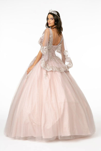 V-Neck Glitter Mesh Ball Gown w/ Cape Sleeve