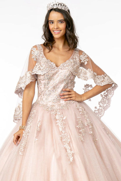 V-Neck Glitter Mesh Ball Gown w/ Cape Sleeve