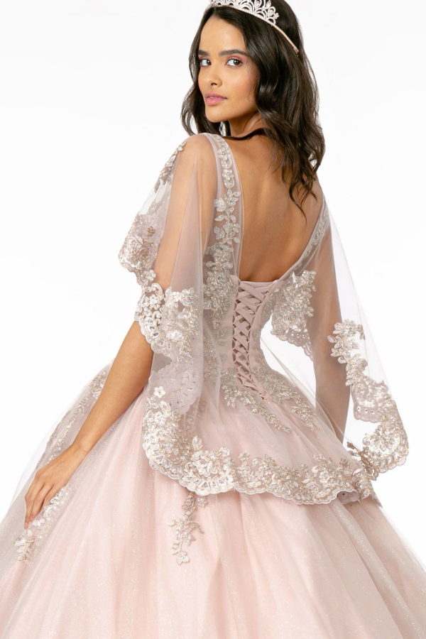 V-Neck Glitter Mesh Ball Gown w/ Cape Sleeve