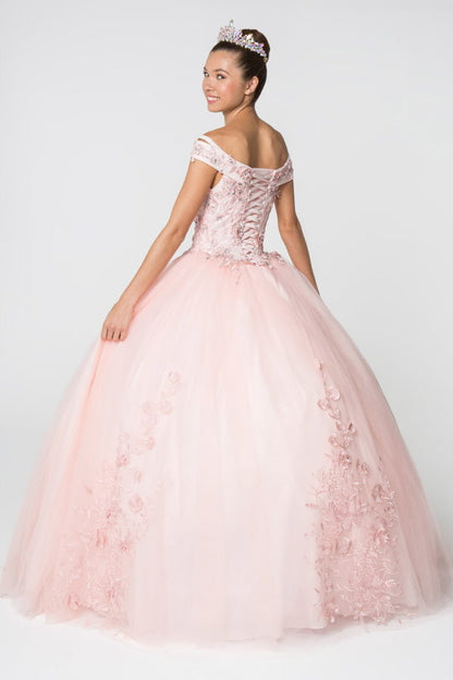 Floral Embroidery and Jewel Embellished V-Neck Mesh Ball Gown