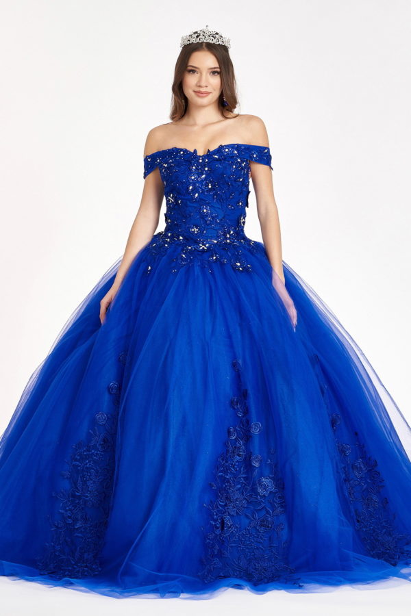 Floral Embroidery and Jewel Embellished V-Neck Mesh Ball Gown