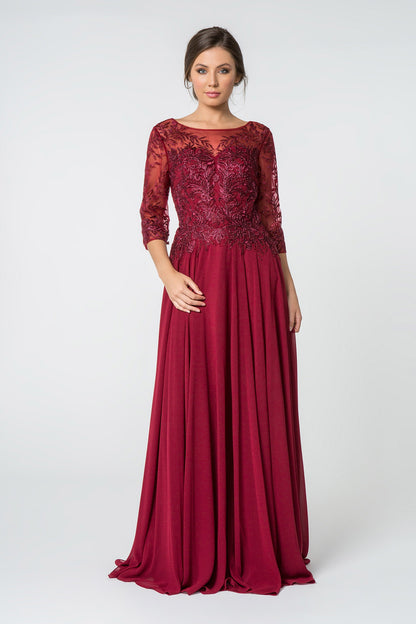 Embroidered Bodice 3/4 Mesh Sleeve Chiffon