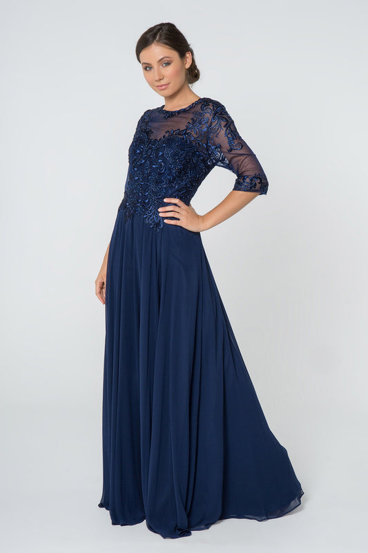 Embroidered Bodice Chiffon Long Dress