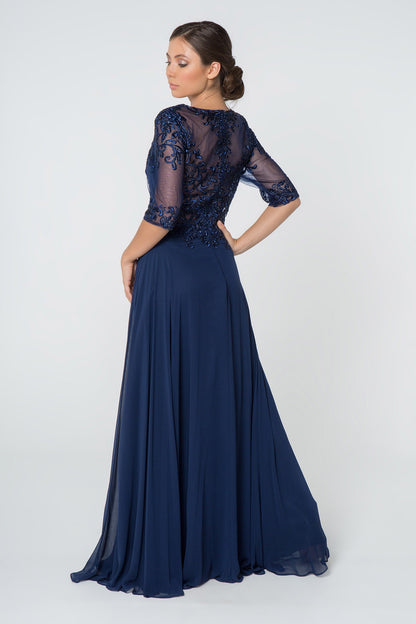 Embroidered Bodice Chiffon Long Dress