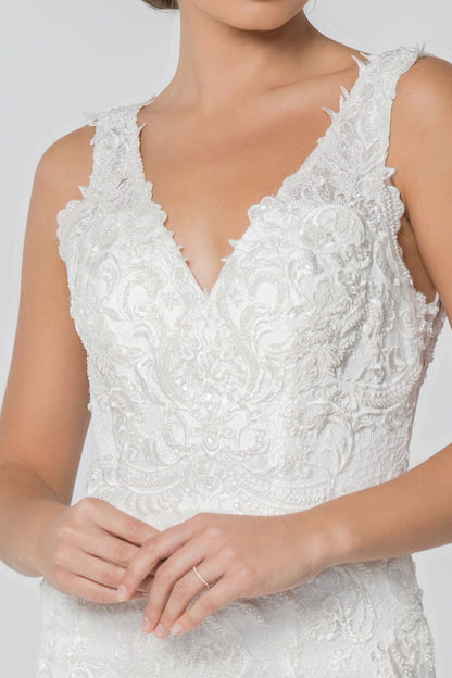 Embroidered V-Neck Sleeveless Mermaid Wedding Gown