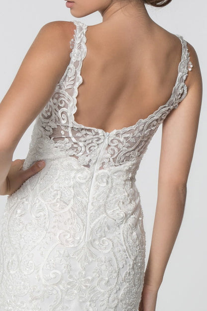 Embroidered Bodice V-Neck Mermaid Wedding Gown w/ Mesh Tail