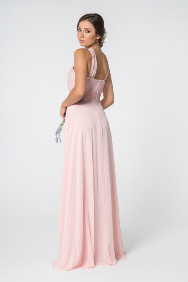 High-Neck Chiffon Ruched-Bodice A-Line Long Dress