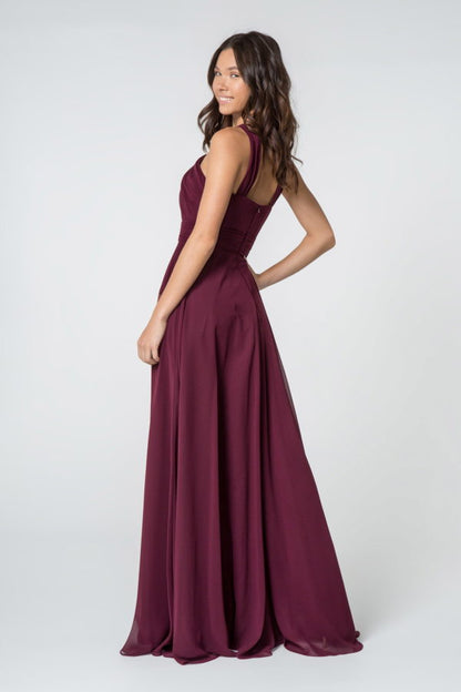 High-Neck Chiffon Ruched-Bodice A-Line Long Dress