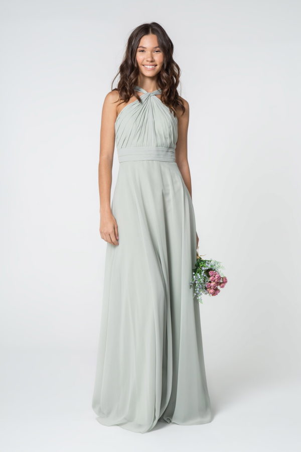 High-Neck Chiffon Ruched-Bodice A-Line Long Dress