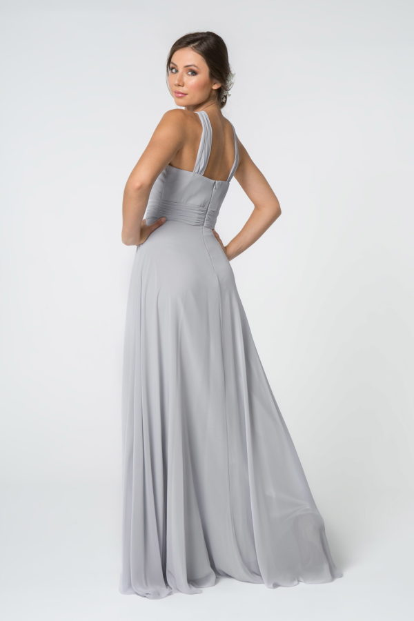 High-Neck Chiffon Ruched-Bodice A-Line Long Dress