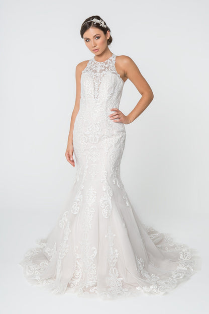 Lace Embellished Mesh Wedding Gown w/ Sheer Back