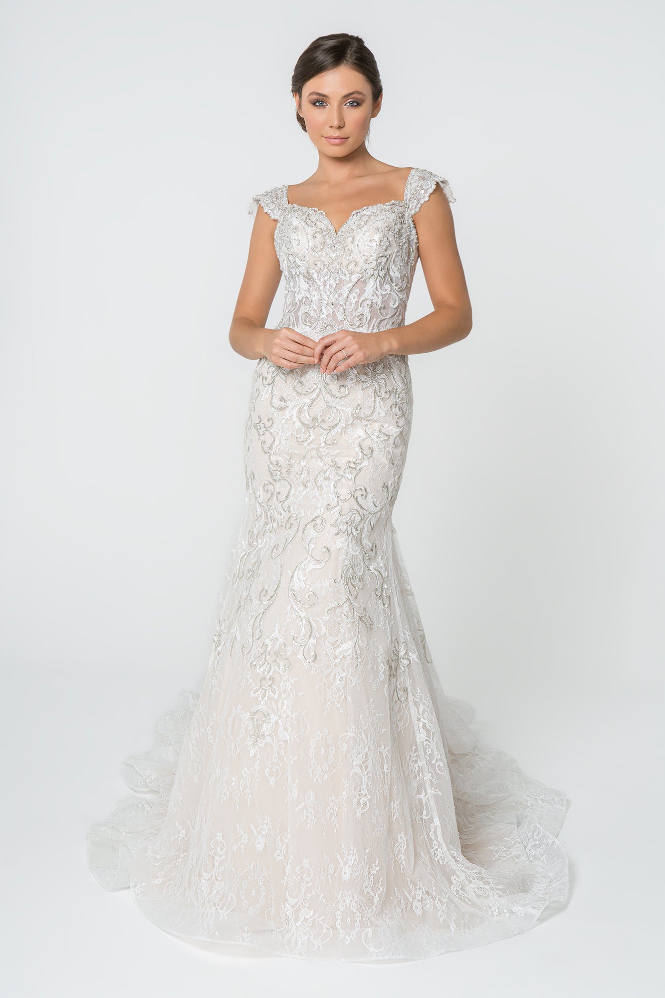 Jewel and Embroidery Embellished Mesh Wedding Gown