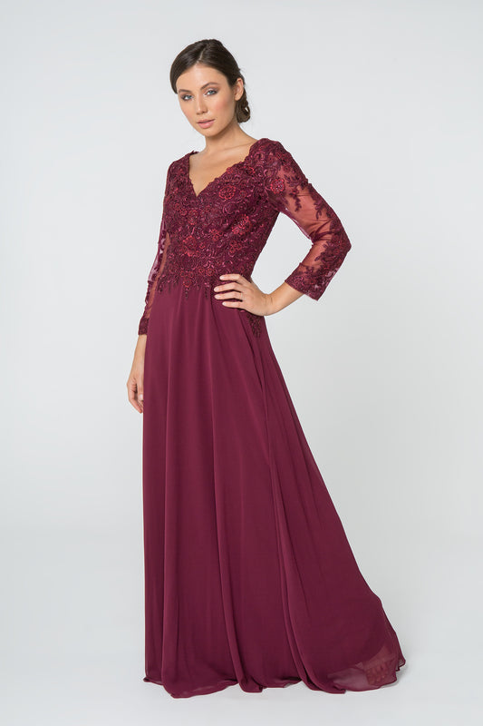 Lace Embellished V-Neck Chiffon Long Dress w/ Mesh Sleeve