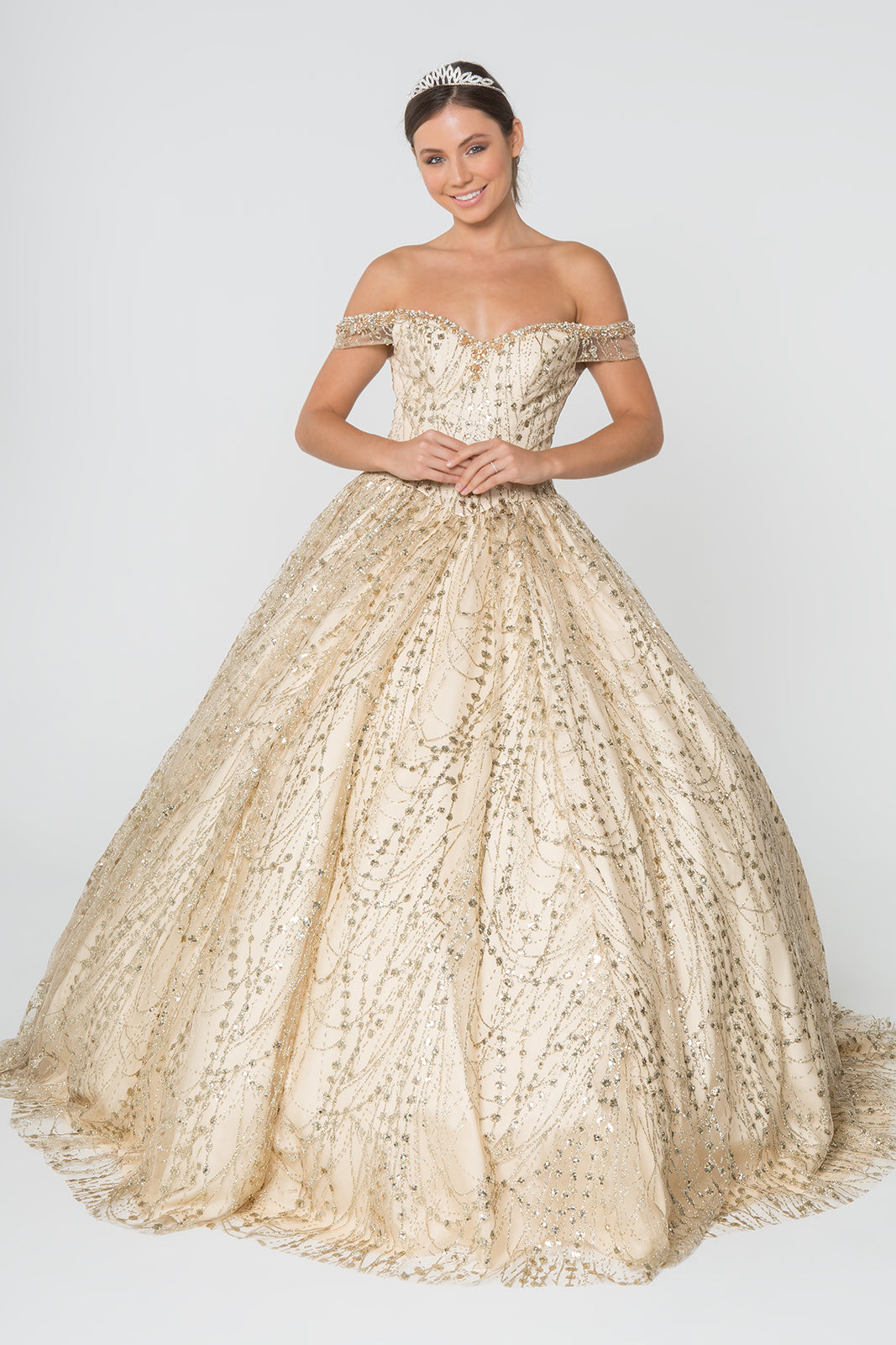 Sweetheart Neck Cut-Away Shoulder Glitter Mesh Ball Gown