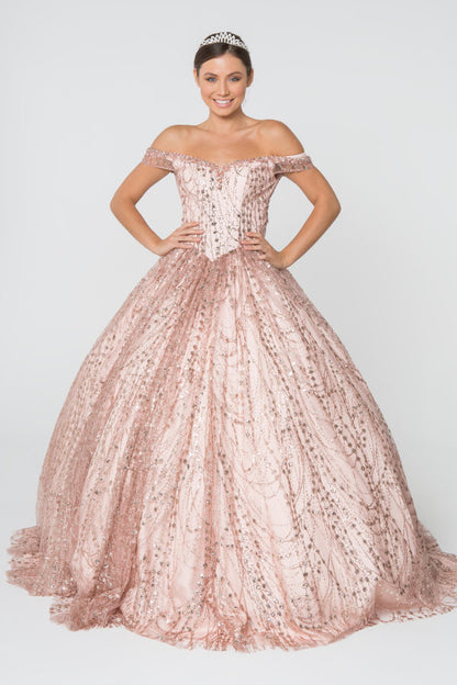 Sweetheart Neck Cut-Away Shoulder Glitter Mesh Ball Gown