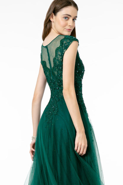 Embroidered Mesh A-Line Long Dress w/ Sheer Back