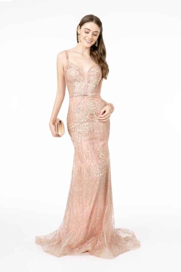 Floral Embroidery Glitter Mesh Mermaid Long Dress w/ Jeweled Waist Band