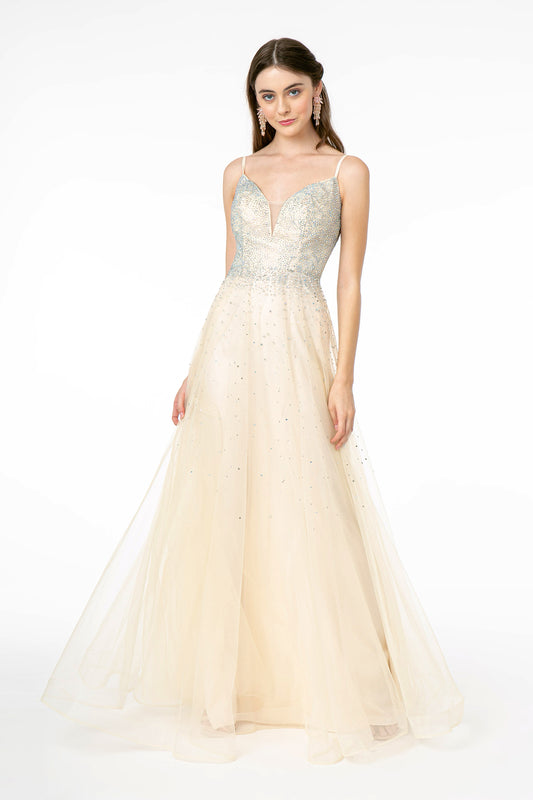 Ravishing Bead Embellished Plunging Neck Long Dress from Elizabeth K