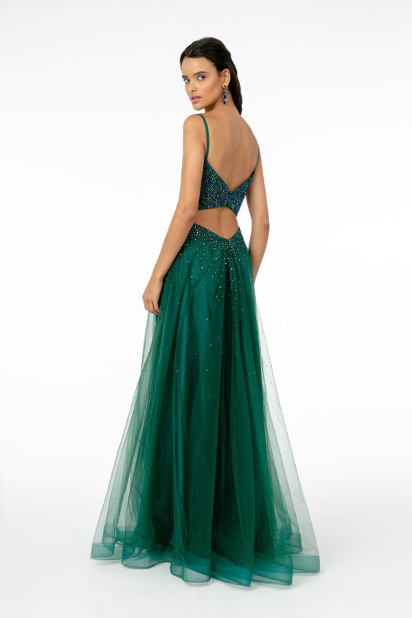 Ravishing Bead Embellished Plunging Neck Long Dress from Elizabeth K