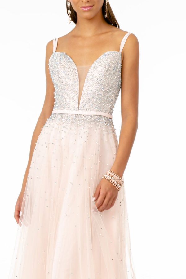 Jewel Embellished Bodice Mesh A-Line Dress w/ Strap Back