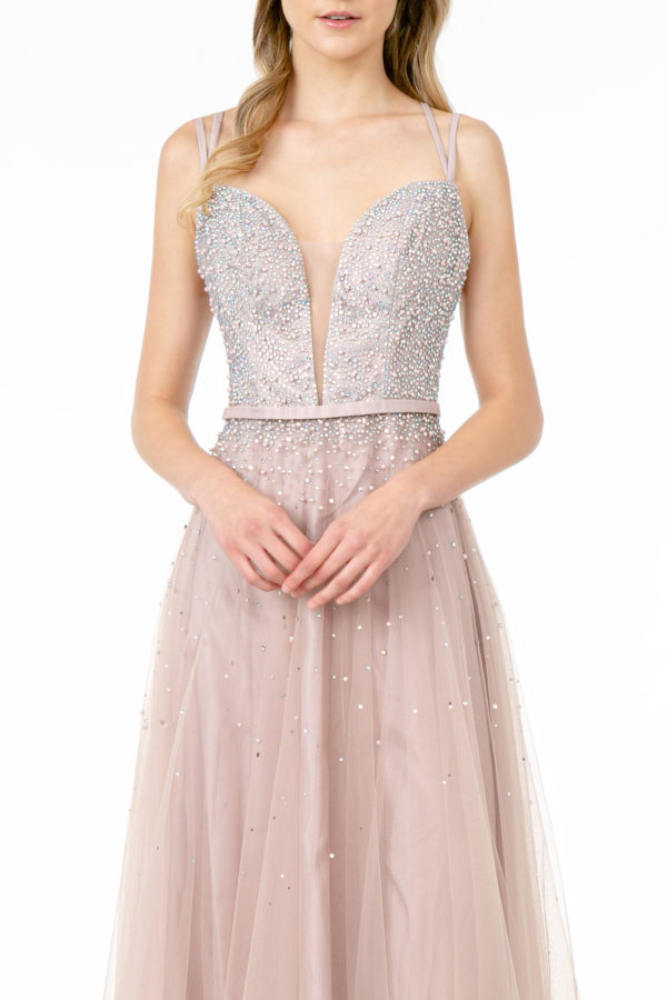 Jewel Embellished Bodice Mesh A-Line Dress w/ Strap Back