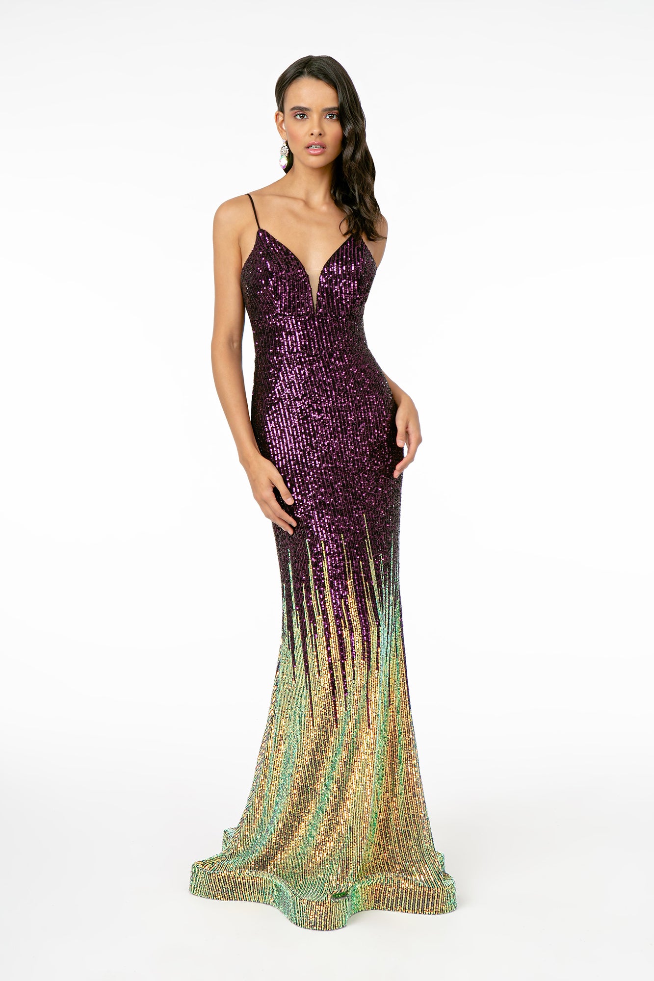 Illusion V-Neck Full Sequin Spaghetti Strap Long Dress