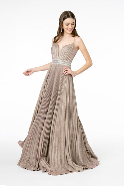 Illusion Deep V-Neck A-Line Pleated Long Dress with Metallic Glitter Finish