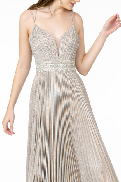 Illusion Deep V-Neck A-Line Pleated Long Dress with Metallic Glitter Finish