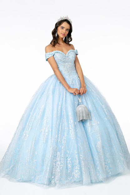 Cut-Away Shoulder Glitter Mesh Quinceanera Dress