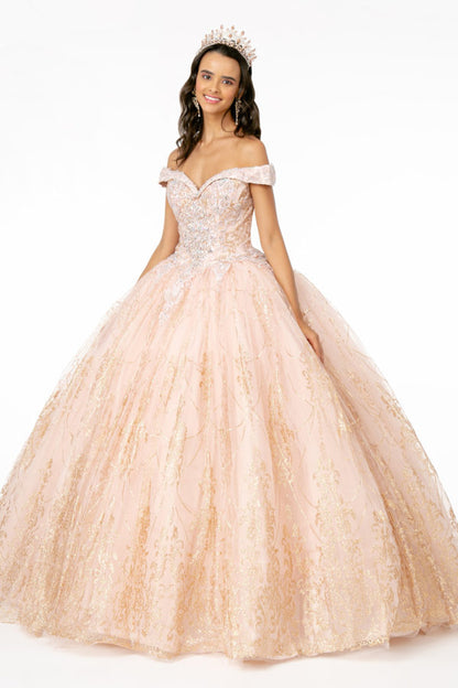 Cut-Away Shoulder Glitter Mesh Quinceanera Dress