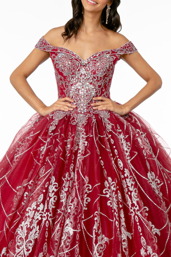 Cut-Away Shoulder Glitter Mesh Quinceanera Dress