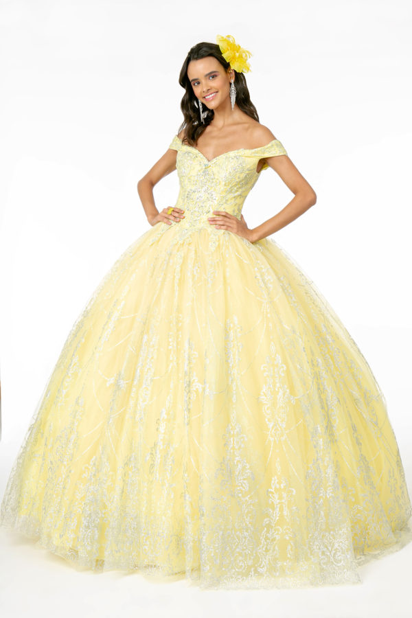 Cut-Away Shoulder Glitter Mesh Quinceanera Dress