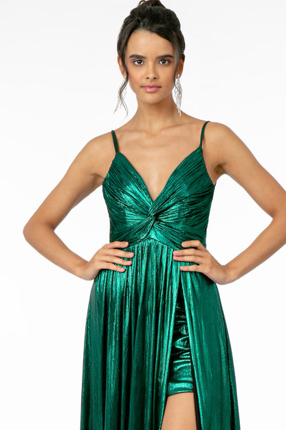 Pleated Bodice Metallic Lame Long Dress w/ Leg Slit