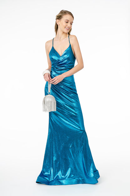 Ruched Metallic Lame V-Neck Mermaid Long Dress w/ Lace Up Back