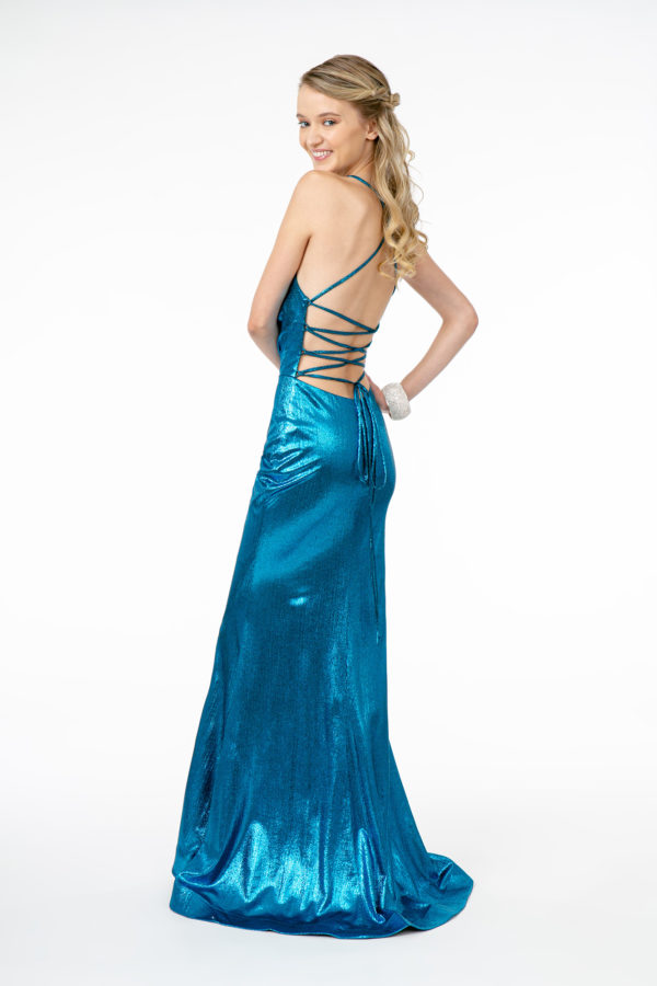 Ruched Metallic Lame V-Neck Mermaid Long Dress w/ Lace Up Back