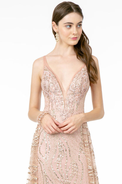 Deep V-Neck Glitter Sequin Mesh A-Line Dress w/ V-Back