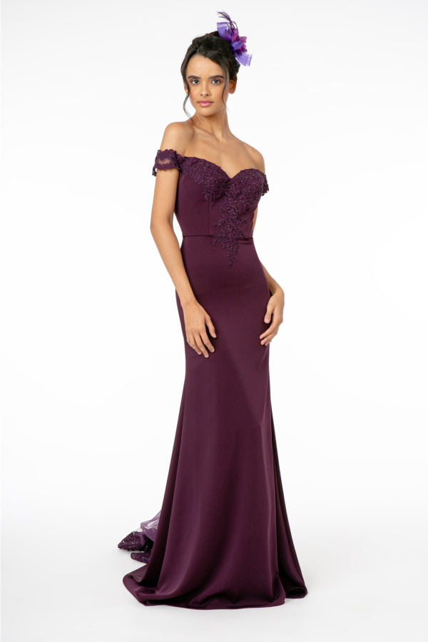 Embroidered Cut-Away Shoulder Jersey Long Dress w/ V-Back