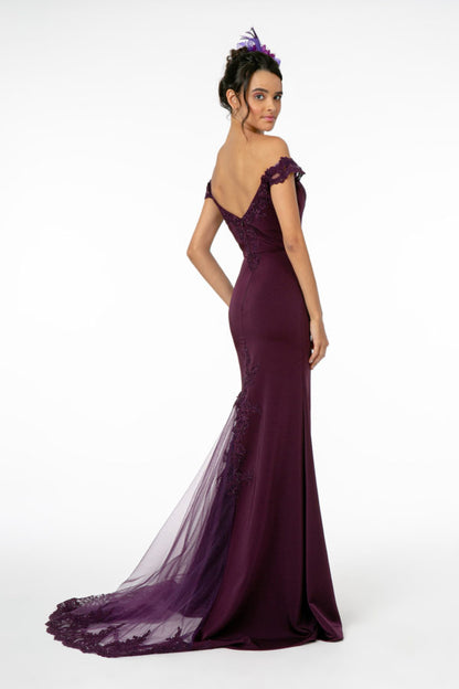 Embroidered Cut-Away Shoulder Jersey Long Dress w/ V-Back