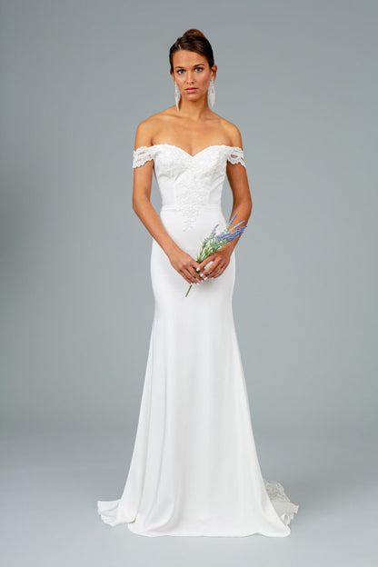 Embroidered Cut-Away Shoulder Jersey Long Dress w/ V-Back