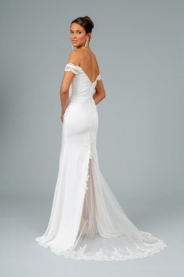 Embroidered Cut-Away Shoulder Jersey Long Dress w/ V-Back