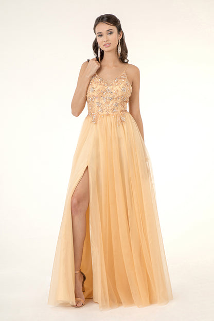 Beads Embellished Bodice V-Neck Mesh A-Line Prom Dress w/ Sheer Back - Mask Not Included