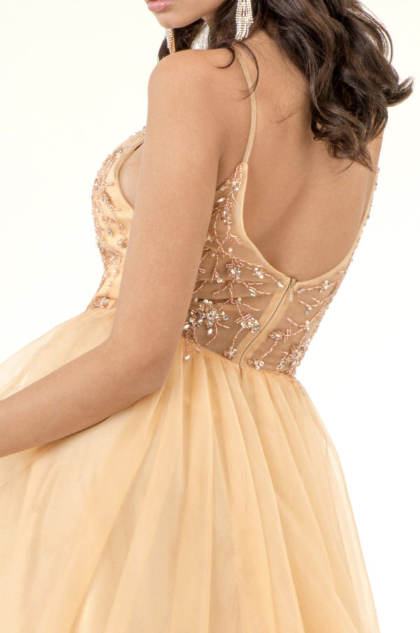 Beads Embellished Bodice V-Neck Mesh A-Line Prom Dress w/ Sheer Back - Mask Not Included