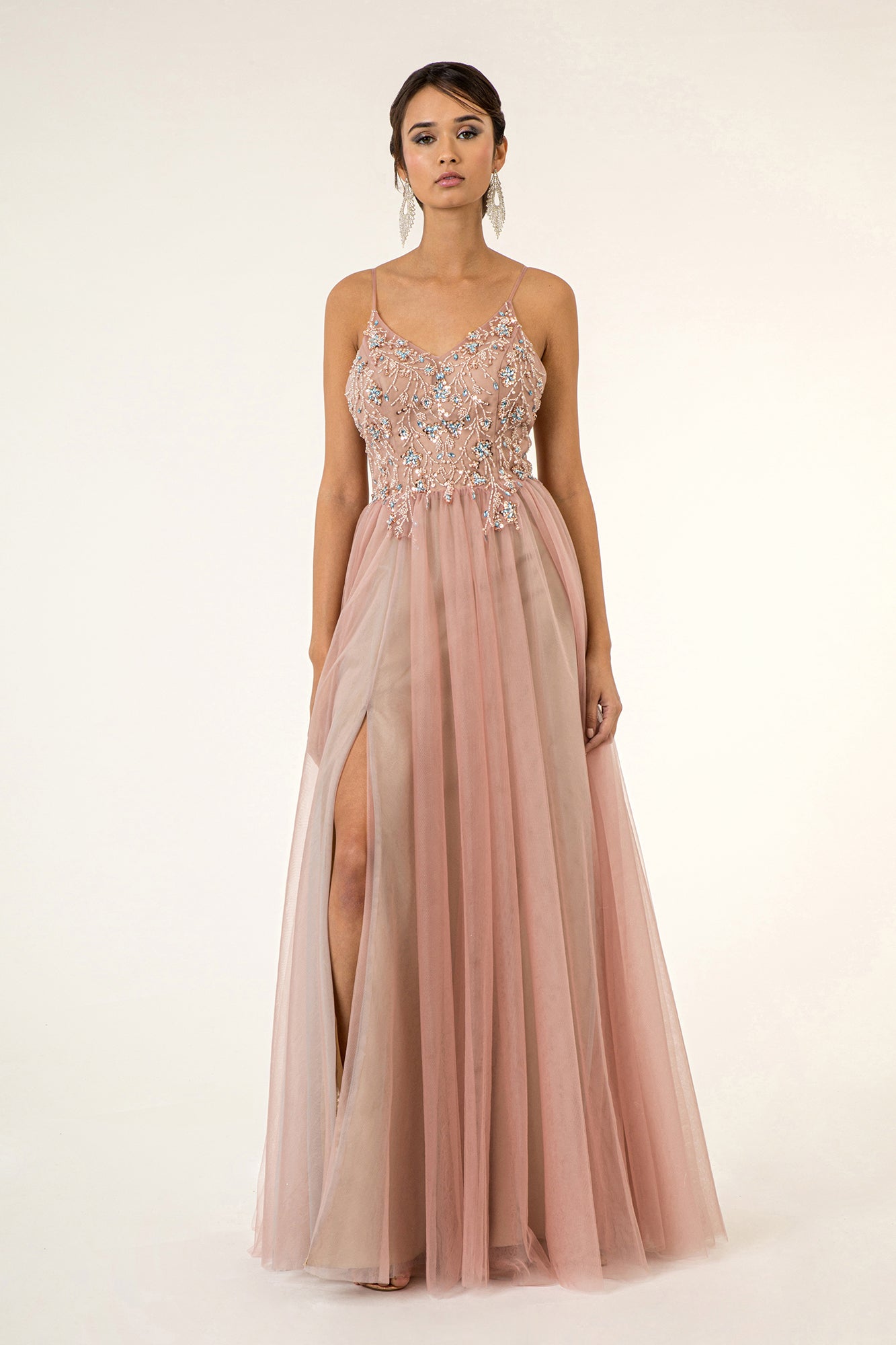 Beads Embellished Bodice V-Neck Mesh A-Line Prom Dress w/ Sheer Back - Mask Not Included