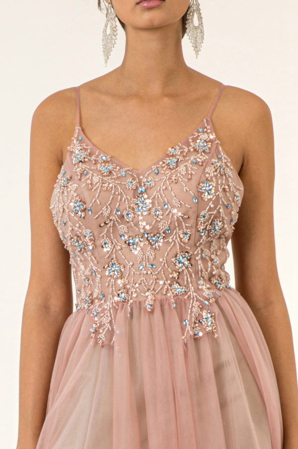 Beads Embellished Bodice V-Neck Mesh A-Line Prom Dress w/ Sheer Back - Mask Not Included